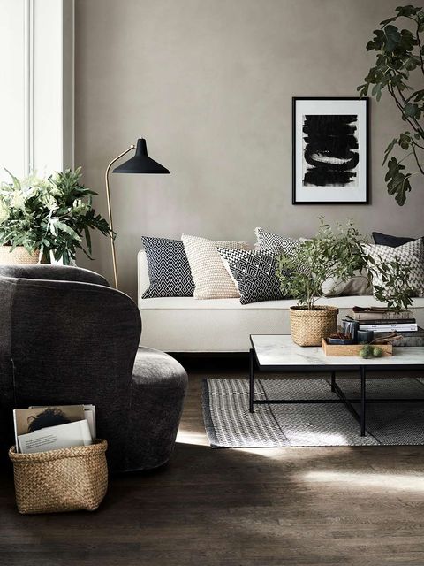 Room, Interior design, Wall, Home, Interior design, Living room, Flowerpot, Grey, Houseplant, Wicker, 