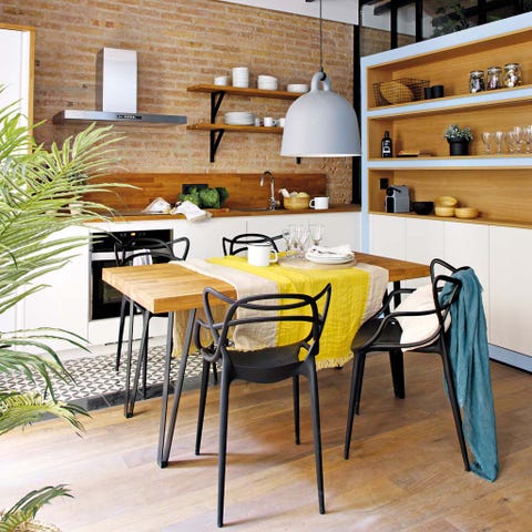Furniture, Room, Interior design, Table, Kitchen, Property, Dining room, Yellow, Floor, Building, 