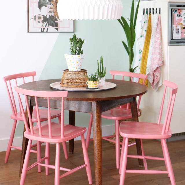 Furniture, Dining room, Room, Table, Chair, Pink, Kitchen & dining room table, Interior design, Windsor chair, Desk, 