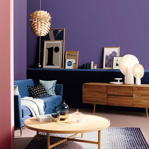 Living room, Furniture, Room, Blue, Interior design, Coffee table, Table, Yellow, Shelf, Wall, 