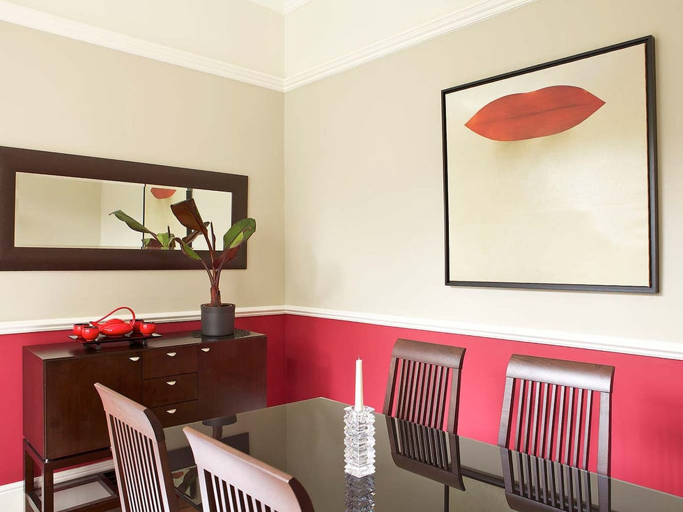 Room, Ceiling, Interior design, Red, Property, Furniture, Wall, Table, Lighting, House, 
