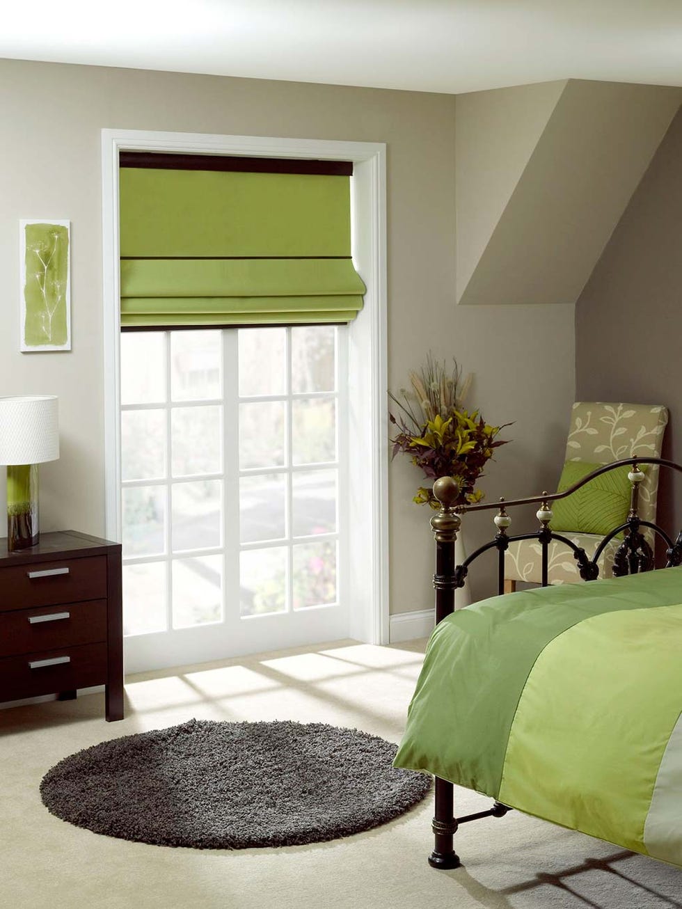 Green, Furniture, Room, Interior design, Bedroom, Wall, Bed frame, Property, Yellow, Bed sheet, 