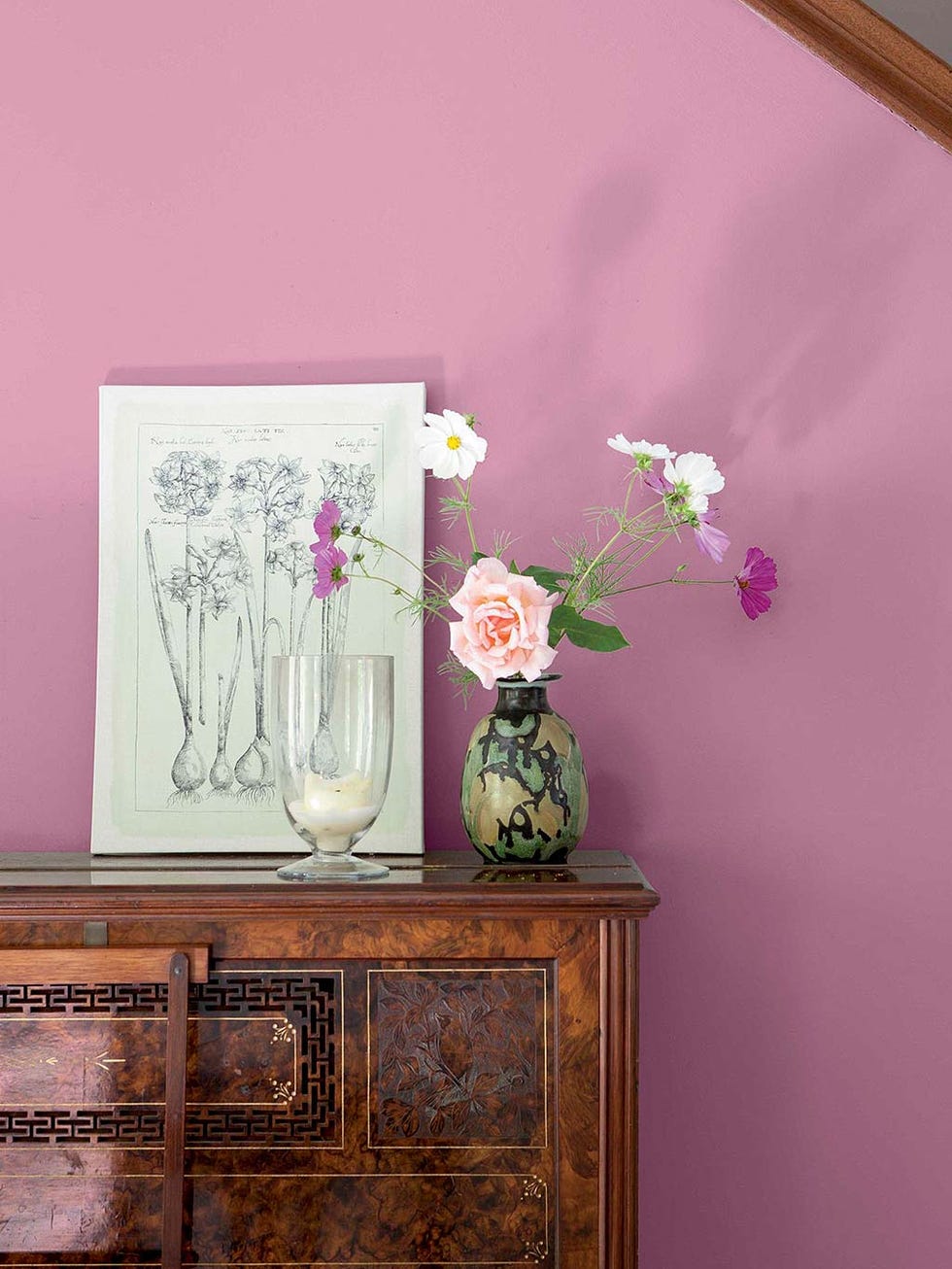 Pink, Wall, Room, Wallpaper, Furniture, Plant, Interior design, Magenta, Nightstand, Flower, 