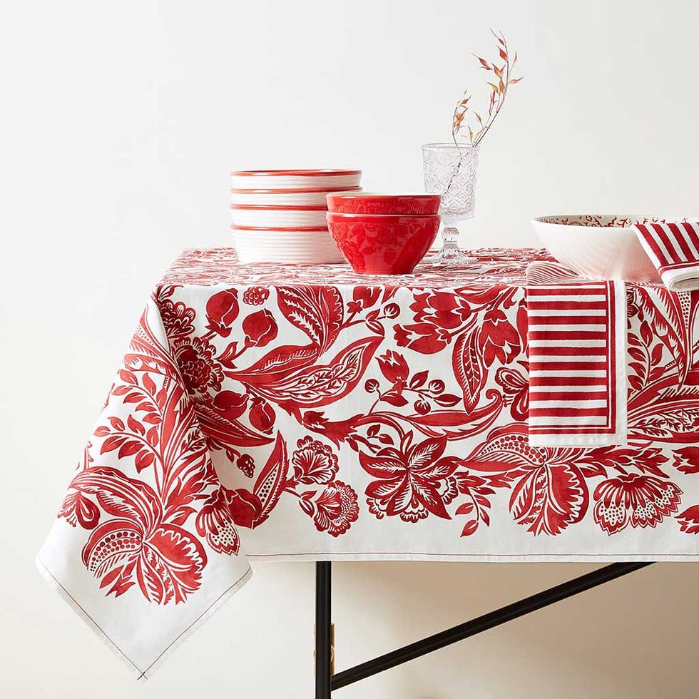 Tablecloth, Red, Textile, Table, Rectangle, Linens, Home accessories, Design, Furniture, Material property, 