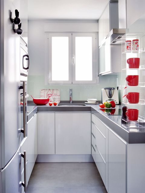 Room, Interior design, Plumbing fixture, White, Red, Kitchen sink, Kitchen, House, Floor, Sink, 