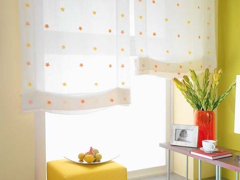 Room, Yellow, Interior design, Textile, Interior design, Flowerpot, Orange, Peach, Lampshade, Lamp, 