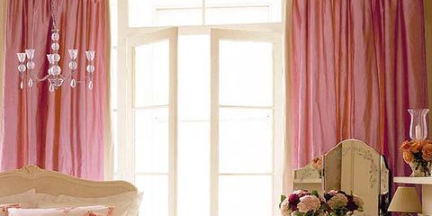 Interior design, Room, Textile, Floor, Bed, Pink, Home, Linens, Interior design, Window treatment, 