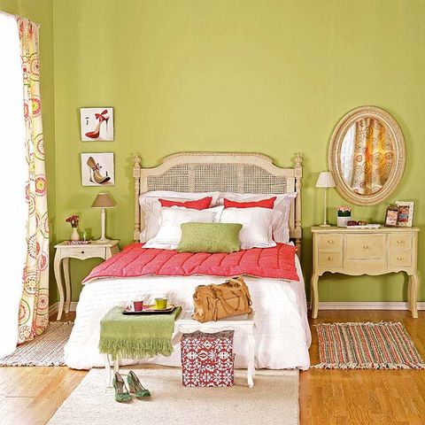 Bed, Room, Green, Interior design, Bedding, Textile, Wall, Bedroom, Furniture, Bed sheet, 