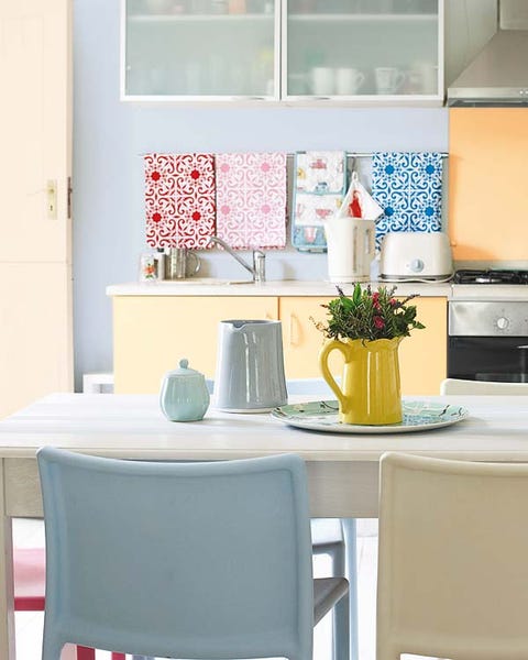 Room, Interior design, Table, Furniture, Tablecloth, Major appliance, Linens, Teal, Turquoise, Kitchen appliance, 