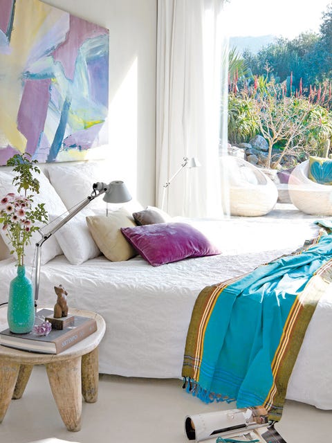 Blue, Room, Interior design, Textile, Purple, Lavender, Home, Floor, Flowerpot, Linens, 