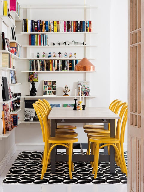 Room, Yellow, Shelf, Interior design, Shelving, Table, Furniture, Chair, Publication, Home, 