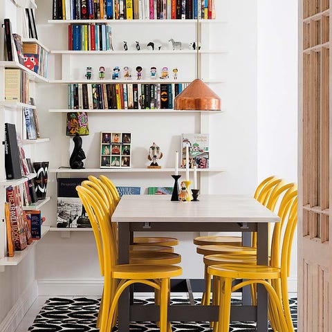 Room, Yellow, Interior design, Shelf, Furniture, Shelving, Table, Wall, Chair, Floor, 