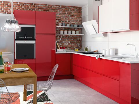 Room, Countertop, Kitchen, Red, Furniture, Cabinetry, Property, Orange, Kitchen stove, Interior design, 