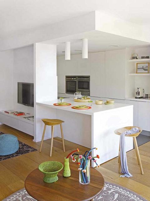 Room, Interior design, Floor, Furniture, Table, Flooring, Home, House, Kitchen, Home appliance, 