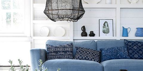 Blue, Interior design, Flowerpot, Table, Interior design, Living room, Coffee table, Turquoise, Couch, Pillow, 