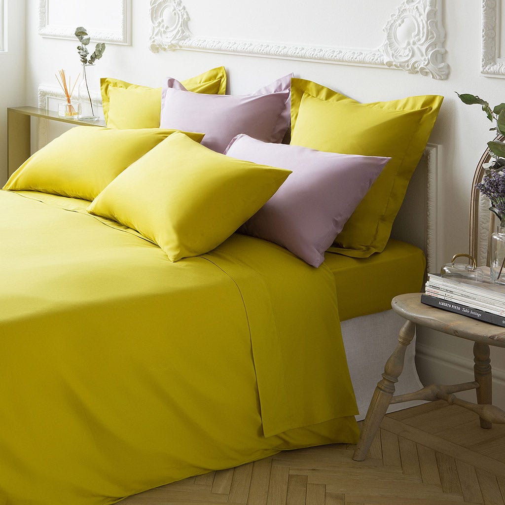 Blue, Room, Yellow, Interior design, Green, Bedding, Textile, Wall, Bedroom, Linens, 