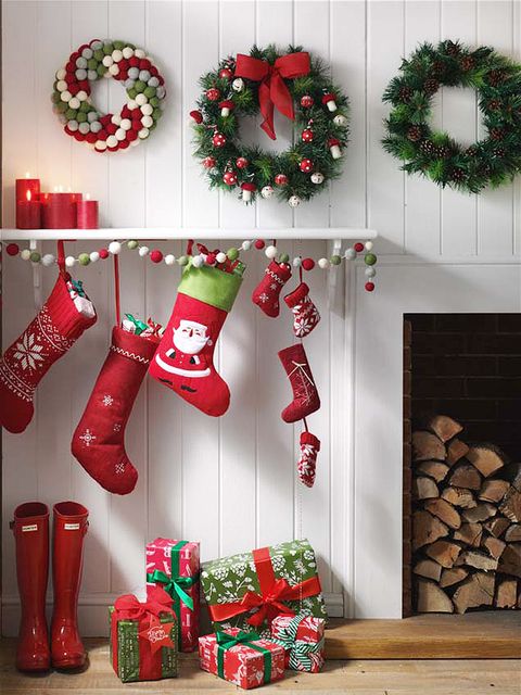 Christmas decoration, Red, Christmas stocking, Christmas ornament, Wreath, Interior design, Christmas, Carmine, Holiday ornament, Boot, 