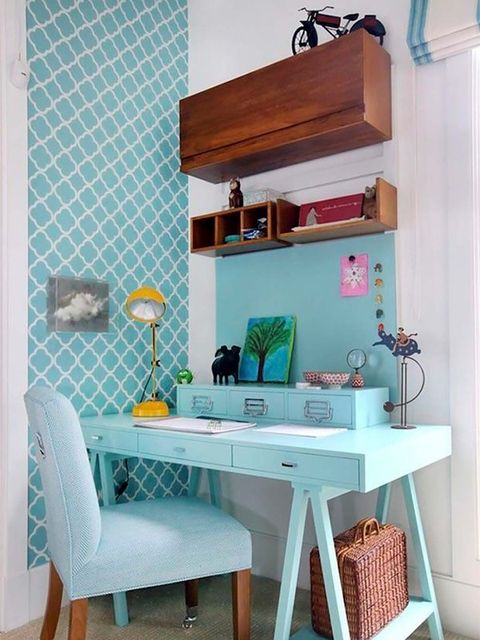 Furniture, Room, Turquoise, Blue, Interior design, Green, Property, Aqua, Shelf, Desk, 