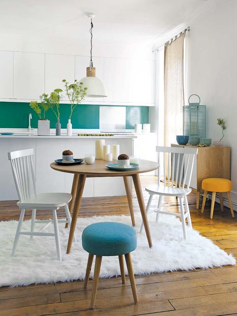 Furniture, Room, Blue, Turquoise, Green, Dining room, Table, Interior design, Yellow, Chair, 