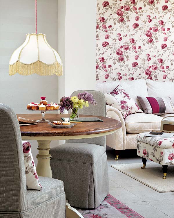 Room, Interior design, Furniture, Living room, Pink, Table, Wall, Purple, Curtain, Floor, 