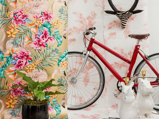 Bicycle, Pink, Bicycle wheel, Bicycle accessory, Bicycle part, Wall, Bicycle handlebar, Vehicle, Spring, Floral design, 