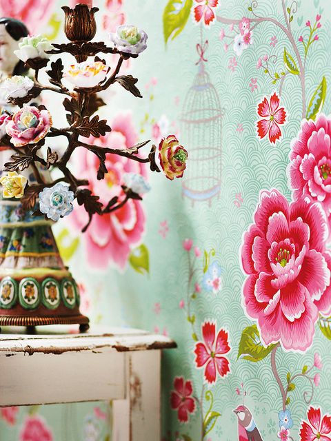 Pink, Wallpaper, Textile, Pattern, Spring, Plant, Blossom, Room, Flower, Floral design, 