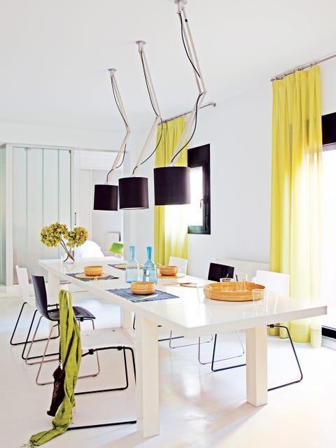 Yellow, Interior design, Room, Floor, Table, Interior design, Material property, Curtain, Design, Window treatment, 