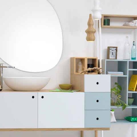 Room, Interior design, Wall, White, Shelving, Plumbing fixture, Home, Drawer, Cabinetry, Teal, 