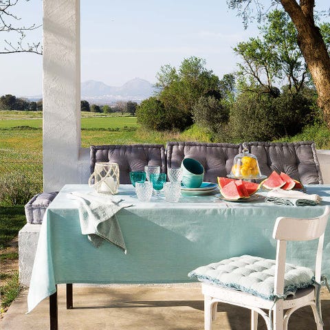 Table, Dishware, Teal, Turquoise, Serveware, Linens, Porcelain, Outdoor furniture, Tablecloth, Wine glass, 
