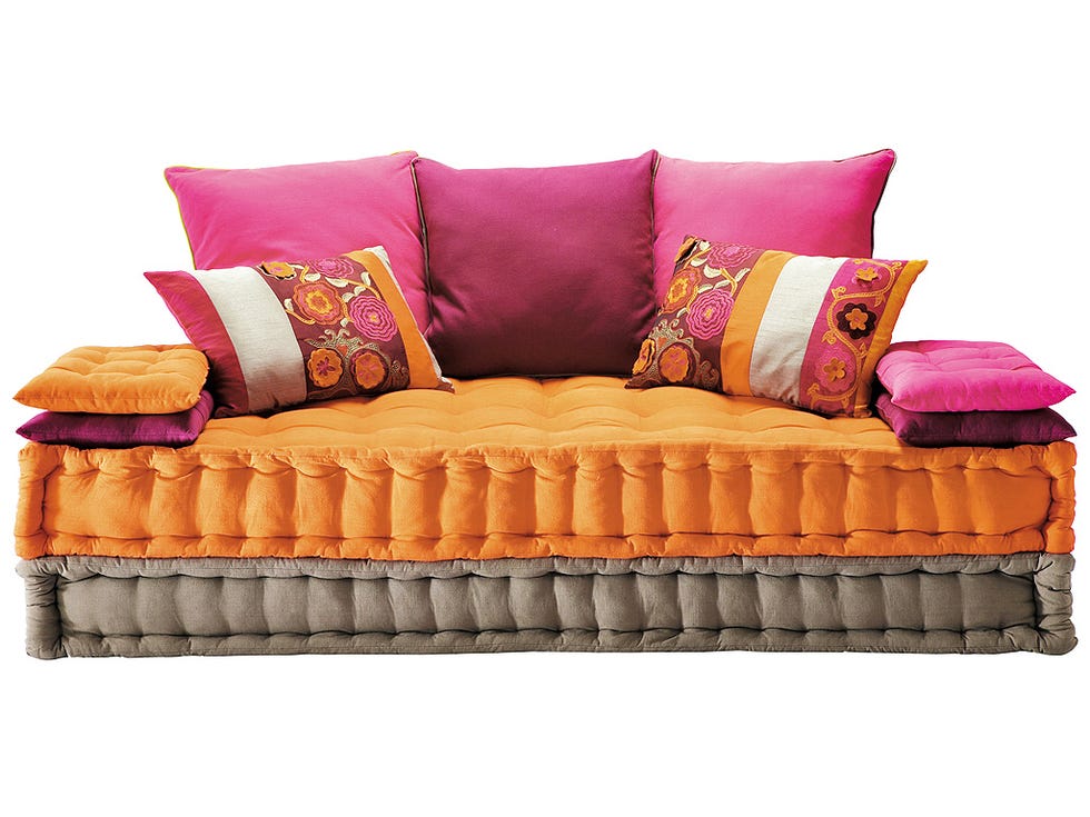 Furniture, Orange, Couch, Cushion, studio couch, Throw pillow, Sofa bed, Room, Pillow, Rectangle, 