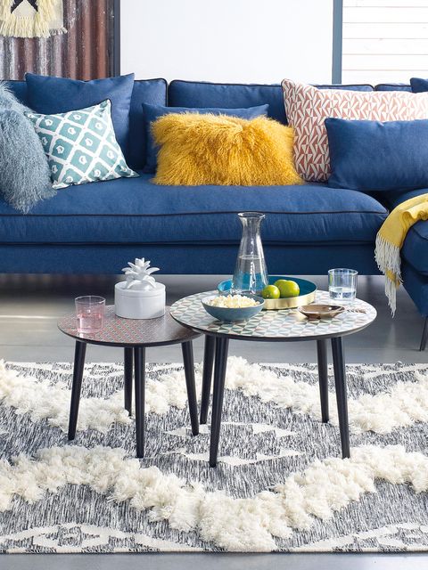 Furniture, Living room, Coffee table, Blue, Room, Table, Couch, Interior design, Yellow, Turquoise, 