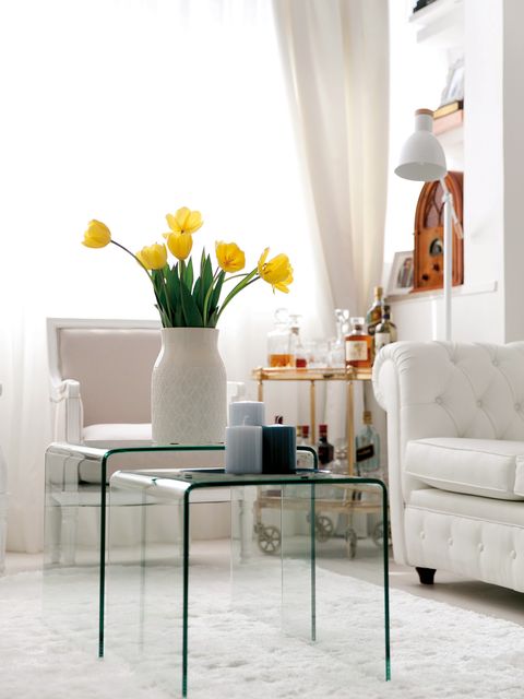 Furniture, Room, Floor, Interior design, Table, Coffee table, Yellow, Living room, Orange, Wall, 
