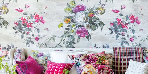Room, Furniture, Purple, Pink, Flower, Interior design, Magenta, Living room, Throw pillow, Petal, 