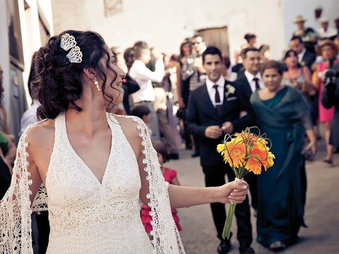 Photograph, Petal, Happy, Bouquet, Coat, Suit, Dress, Bridal clothing, Bride, Ceremony, 