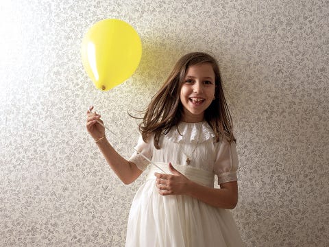 Dress, Happy, Facial expression, Beauty, Day dress, Embellishment, Photography, Party supply, One-piece garment, Balloon, 