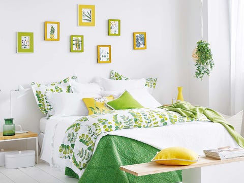 Green, Yellow, Room, Interior design, Textile, Wall, Bedding, Bedroom, Lemon, Linens, 