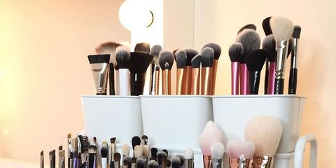 Brush, Product, Makeup brushes, Cosmetics, Beauty, Shelf, Furniture, Material property, Tool, Lipstick, 