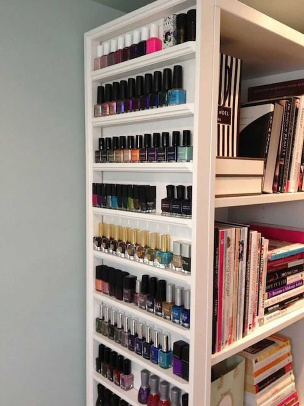 Shelf, Shelving, Furniture, Nail polish, Product, Nail care, Cosmetics, Room, Bookcase, Closet, 