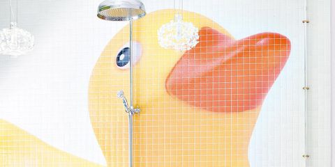 Yellow, Plumbing fixture, Bathroom sink, Tap, Sink, Plumbing, Bathroom accessory, Bathroom, Tile, Ceramic, 