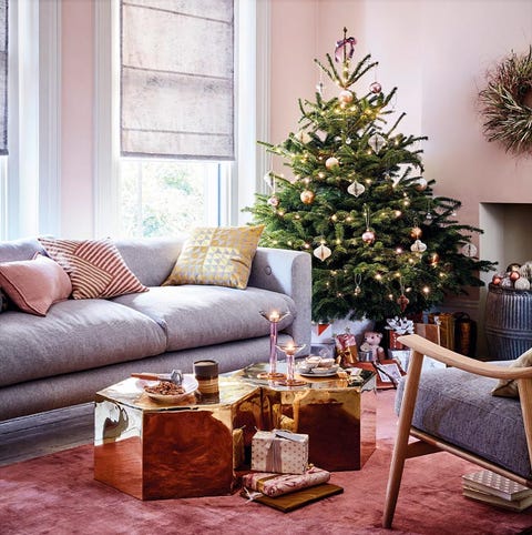 Living room, Christmas tree, Christmas decoration, Room, Home, Furniture, Interior design, Tree, Christmas, Yellow, 