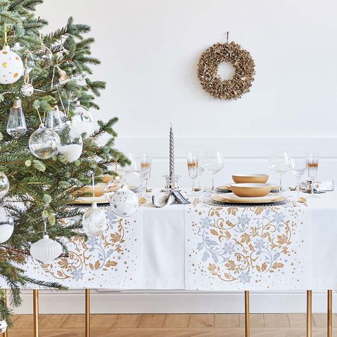 White, Table, Room, Furniture, Tablecloth, Christmas decoration, Textile, Branch, Interior design, Dining room, 