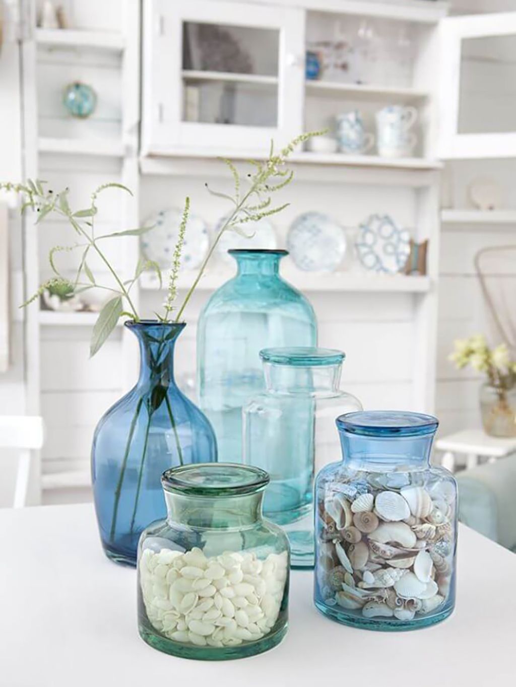 Mason jar, Blue, Aqua, Turquoise, Room, Glass, Food storage containers, Shelf, Tableware, Interior design, 