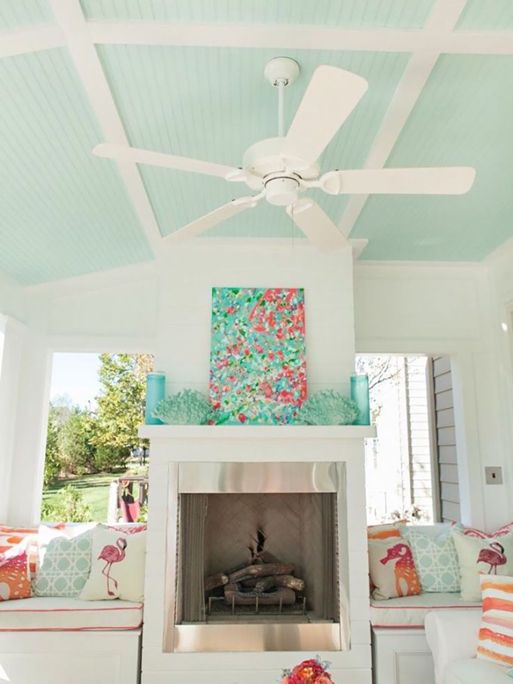 Room, Ceiling, Interior design, Turquoise, Living room, Home, Furniture, House, Fireplace, Building, 