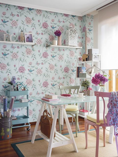 Room, Interior design, Pink, Wallpaper, Furniture, Purple, Wall, Table, Home, Curtain, 