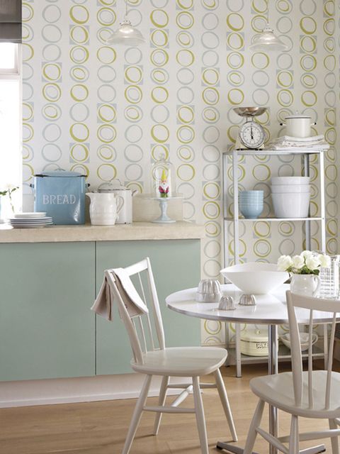 Furniture, Room, Wallpaper, Wall, Yellow, Table, Interior design, Dining room, Chair, Floor, 