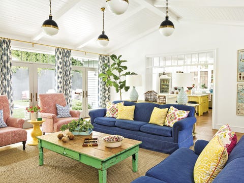 Living room, Room, Furniture, Interior design, Green, Property, Blue, Yellow, Coffee table, Home, 