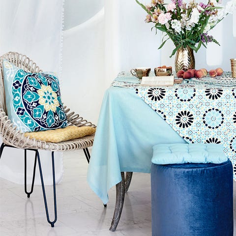 Blue, Tablecloth, Textile, Room, Teal, Furniture, Linens, Turquoise, Aqua, Petal, 