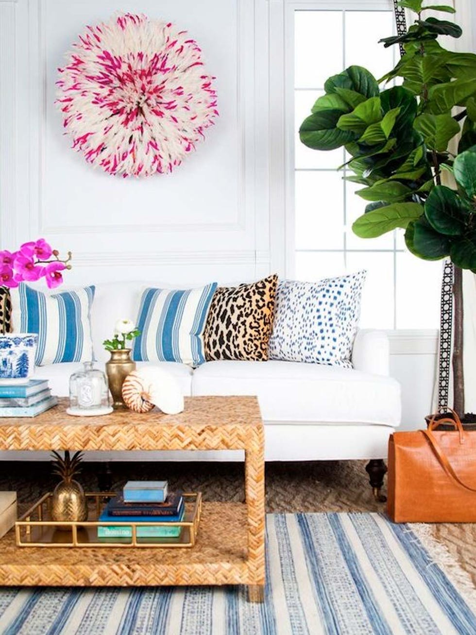 Living room, Furniture, Room, Couch, Pink, Turquoise, Interior design, Coffee table, Table, Wall, 