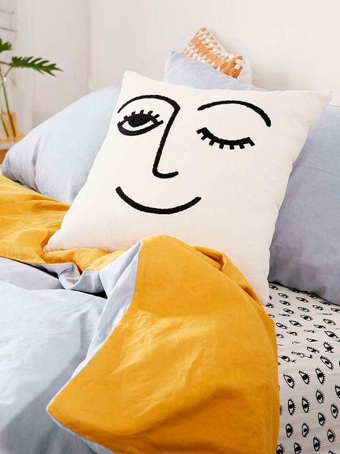 Pillow, Yellow, Cushion, Orange, Textile, Linens, Bedding, Furniture, Bed sheet, Throw pillow, 