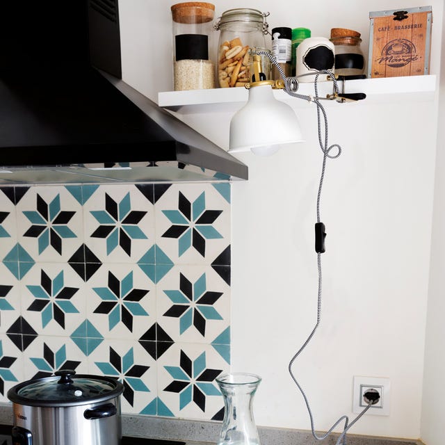 Tile, Shelf, Room, Furniture, Turquoise, Wall, Black-and-white, Kitchen, Interior design, Floor, 